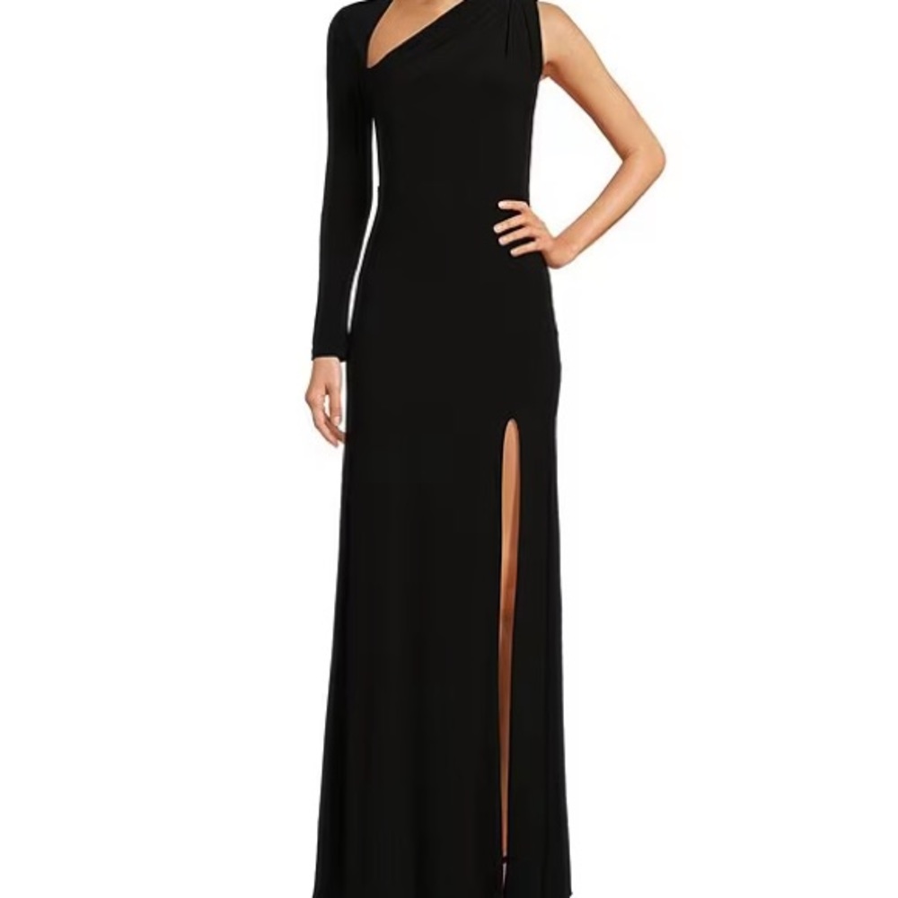 Betsy & Adam Asymmetric Single Long Sleeve Gown - Picture 4 of 4